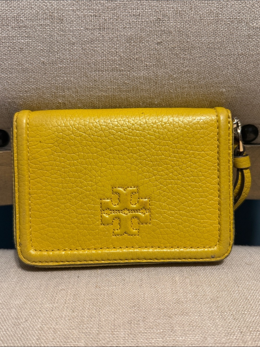 Tory Burch Bright Yellow Pebble Leather Zip Around Card Case